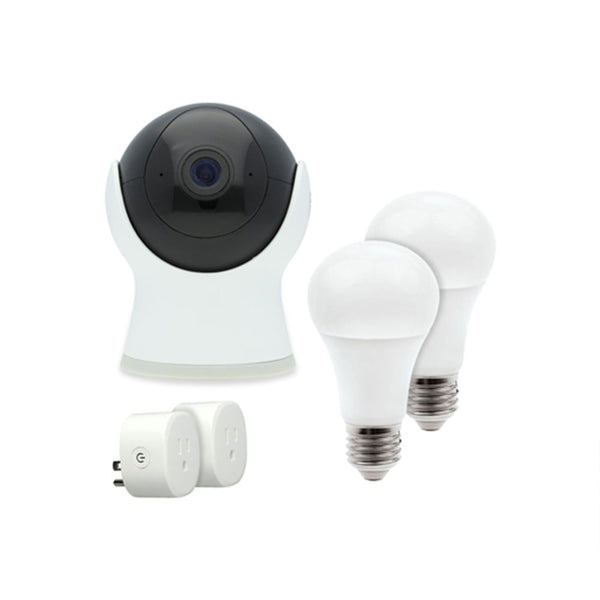Kit Control Básico Inteligente Wi-Fi: 1 Cámara, 2 Focos LED RGB + Blancos, 2 Enchufes, Compatible con App móvil y Asistentes de voz